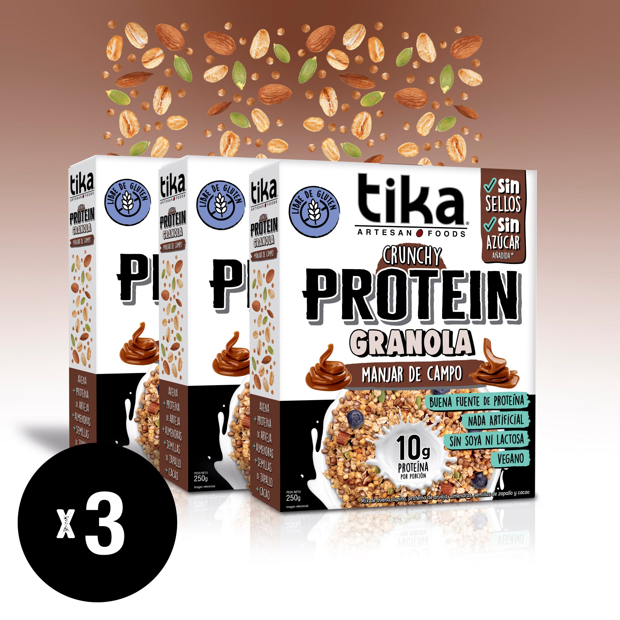 tika-pack-3-protein-granola-crunchy-manjar-de-campo-250g image 1