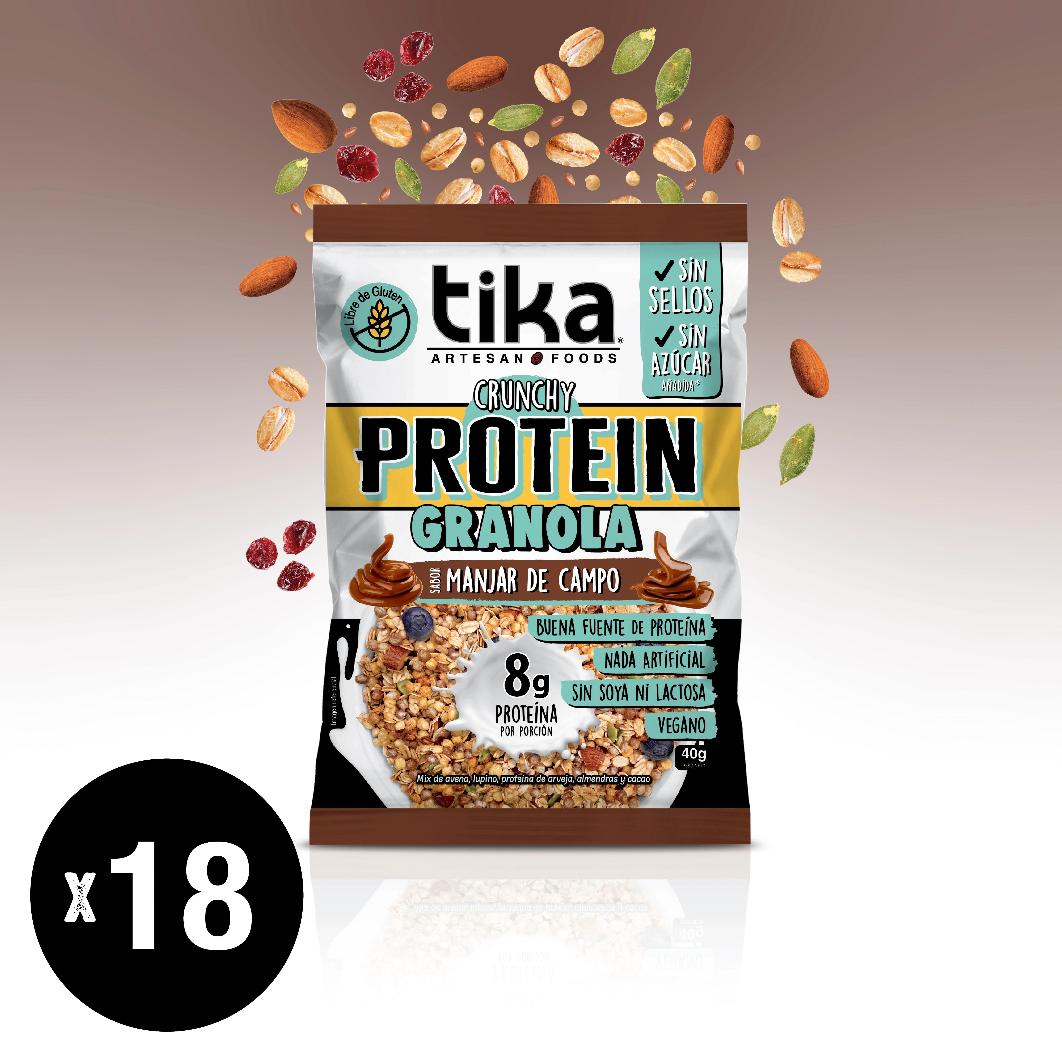 pack-tika-protein-granola-crunchy-manjar-de-campo-40g-x-18-colaciones image 1