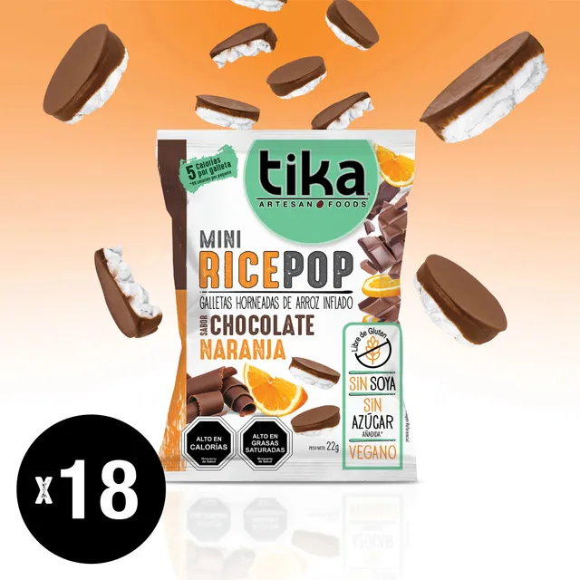 tika-mini-rice-pop-chocolate-naranja-22g-x-18-colaciones-snack-dulce image 1