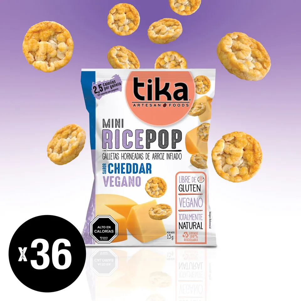 tika-mini-rice-pop-cheddar-vegano-15g-x-36-colaciones-galletitas-de-arroz-inflad image 1